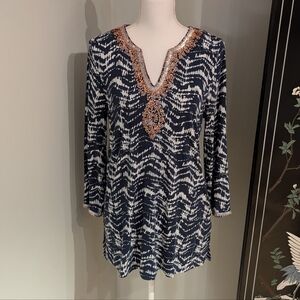 Soft Surroundings Small Navy White Akira Beaded Tunic Batik Print V-Neck Boho